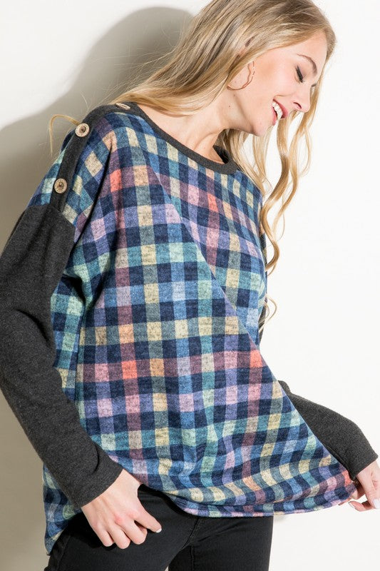 Women's Loose Fit Plaid Mixed Long Sleeve Top