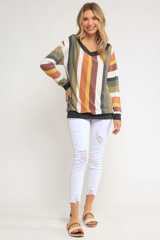 Women's Loose Fit Wide V Neck Stripe Sweatshirt