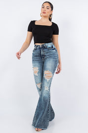 Women's High Rise Bell Bottom Jeans with Frayed Hem