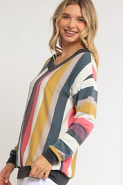 Women's Loose Fit Wide V Neck Stripe Sweatshirt