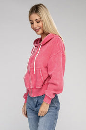 Women's Relaxed Fit Acid Wash Fleece Cropped Zip-Up Hoodie