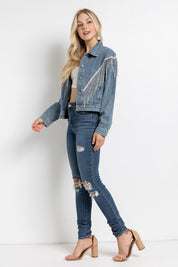 Women's Loose Fit Crop Denim Jacket with Rhinestone Fringe