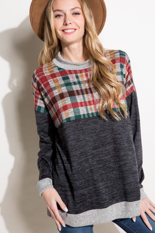 Plus Size Women's Casual Plaid Mock Neck Long Sleeve Top