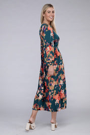 Floral Satin Pleated Maxi Dress