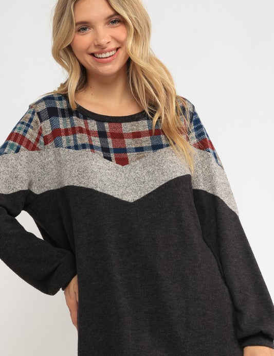 Women's Loose Fit Plaid Color Block Top