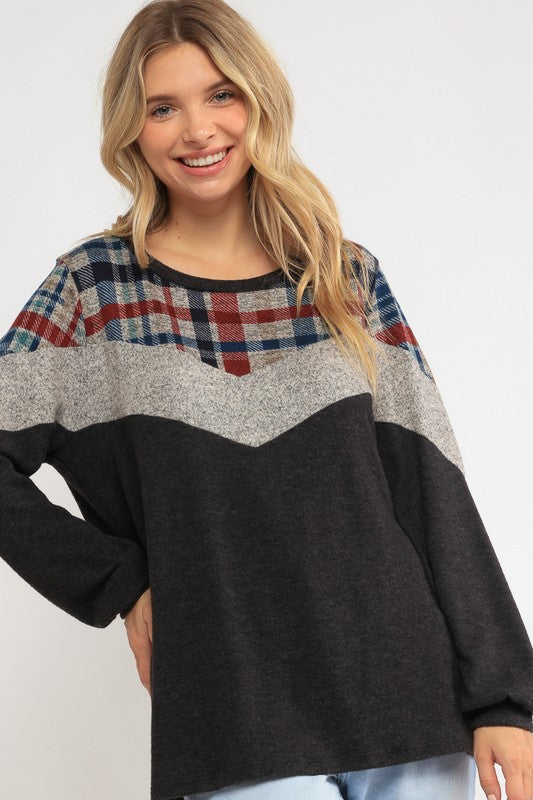 Women's Loose Fit Plaid Color Block Top