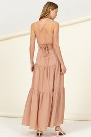 Women's Boho Tiered Maxi Dress with Lace-Up Back