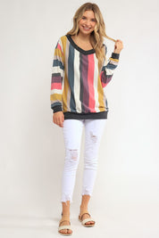 Women's Loose Fit Wide V Neck Stripe Sweatshirt