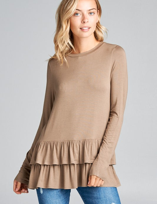 Women's Ruffle Bottom Long Sleeve Round Neck Tunic Top