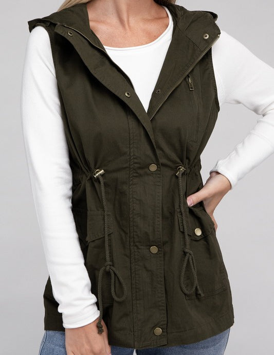 Drawstring Waist Military Hoodie Vest