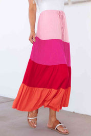 Women's Casual Color Block Tiered Maxi Skirt