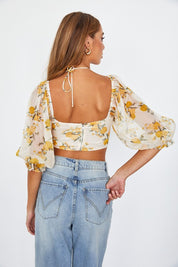 Women's Chic Floral Chiffon Balloon Sleeved Bustier Crop Top