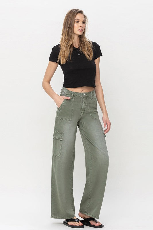 Women's High Rise Utility Cargo Wide Leg Jeans