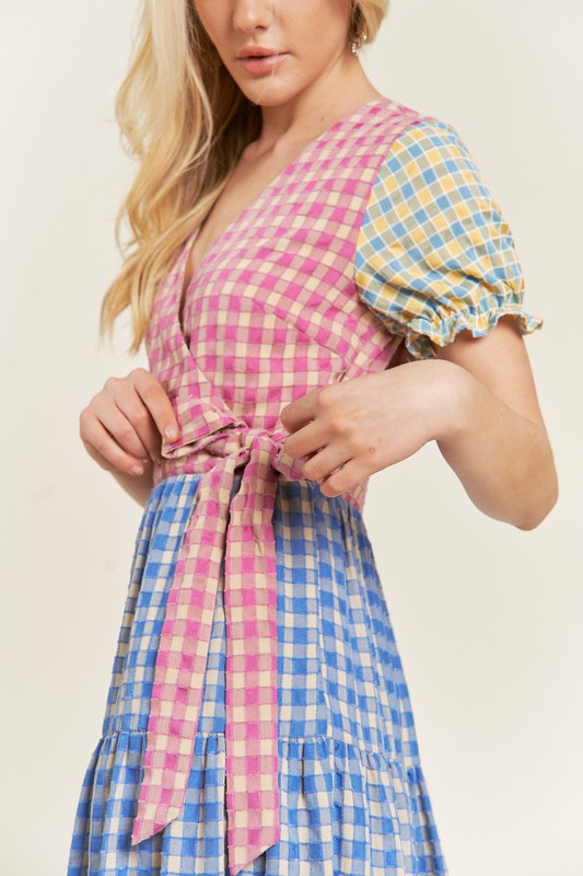 Women's Colorblock Gingham Tiered Dress