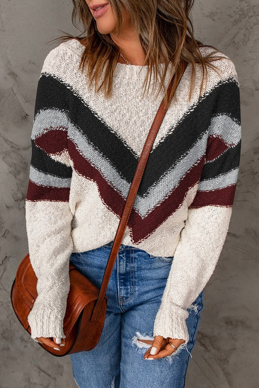 Women's Trendy Chevron Striped Drop Shoulder Sweater