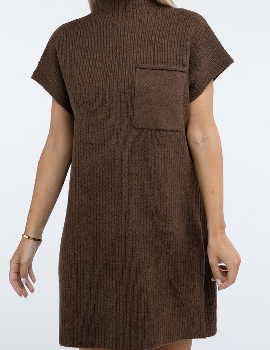 Mock Neck Short Sleeve Sweater Dress with Pocket