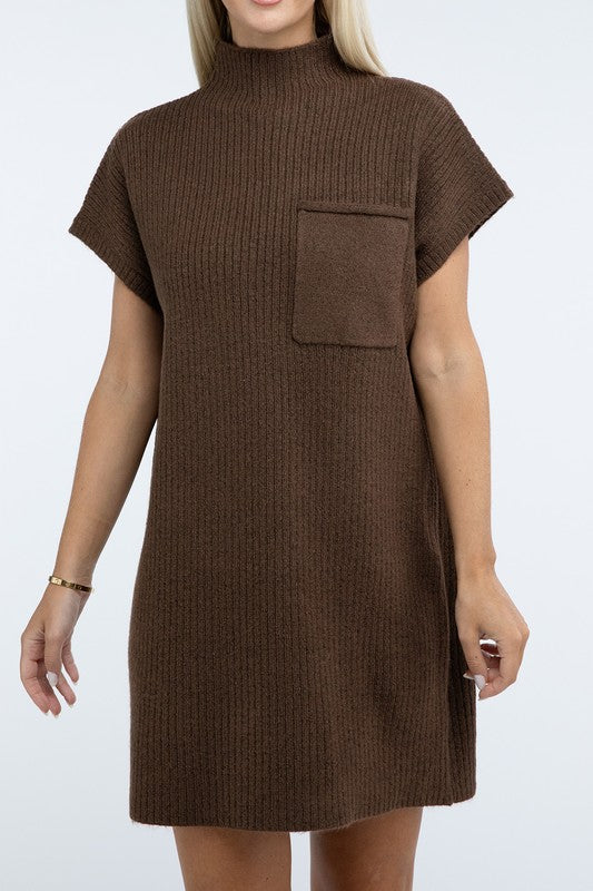 Women's Casual Mock Neck Short Sleeve Sweater Dress