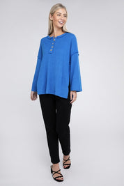 Women's Casual Ribbed Henley Sweater with Bell Sleeves