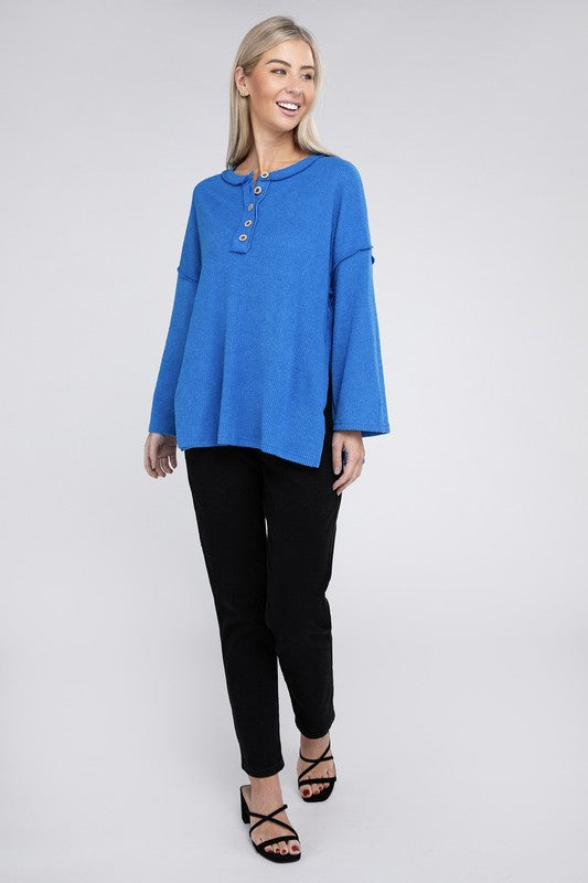 Women's Casual Ribbed Henley Sweater with Bell Sleeves