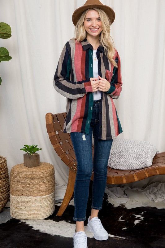 COZY STRIPE BUTTON DOWN SHACKET