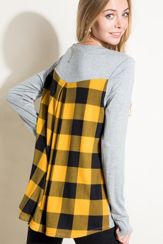 Women's Loose Fit Solid and Plaid Long Sleeve Top