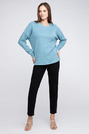 Women's Oversized Ribbed Melange Hacci Sweater with Pocket