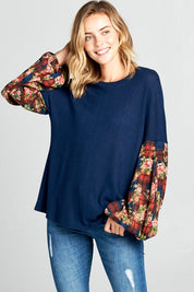 Women's Casual Floral Plaid Volume Sleeve Top