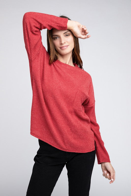 Women's Oversized Ribbed Melange Hacci Sweater with Pocket