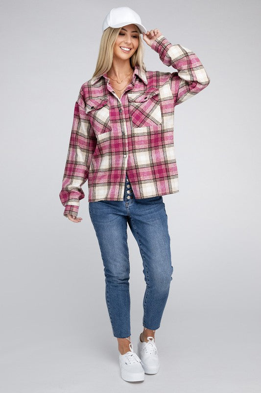 Women's Long Sleeve Checked Shacket with Front Pockets