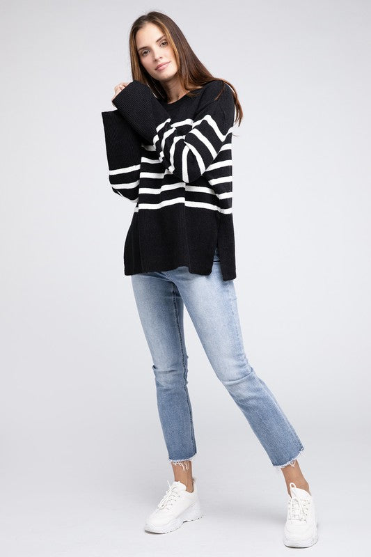 Women's Oversized Ribbed Hem Stripe Sweater