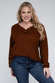 Plus Size Oversized Waffle Knit V-Neck Button Sweater