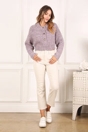 Women's Crop Melange Sweater Top with Bold Buttons