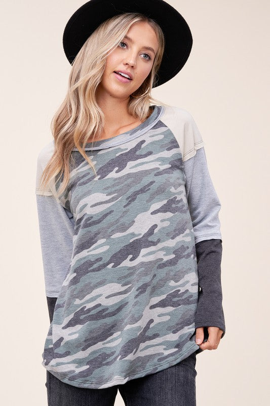 Women's Camouflage Color Block Long Sleeve Top