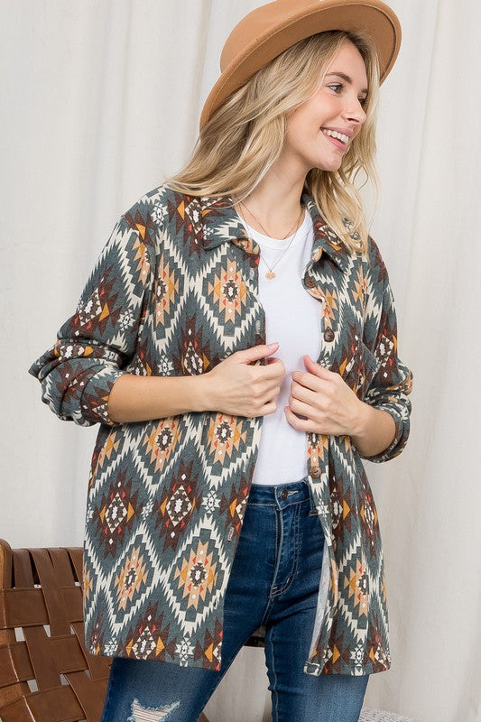 Women's Plus Oversized Fuzzy Aztec Button Down Shacket