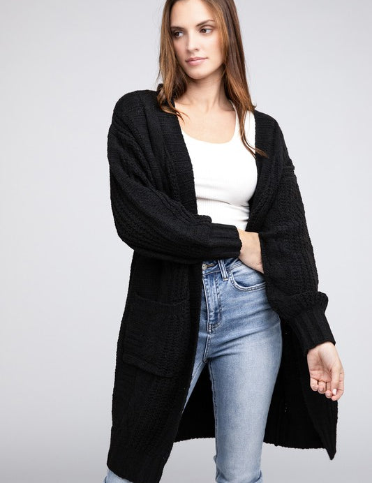 Twist Knitted Open Front Cardigan With Pockets