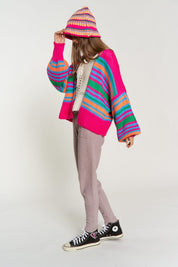 Women's Relaxed Fit Chunky Knit Multi-Striped Cardigan