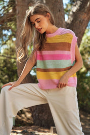 Women's Casual Crochet Multi Striped Sweater Vest