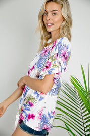 Women's Floral Ruffle Sleeve Tie Bottom Top