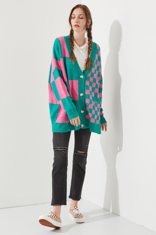 Women's Checkered Oversized Sweater with Button Closure