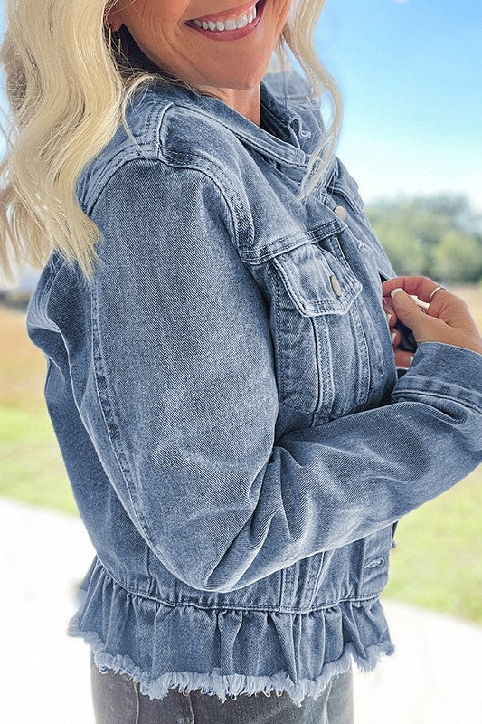 Women's Ruffle Denim Jacket with Raw Hem and Flap Pockets