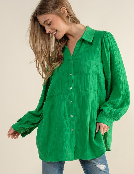 Women's Textured Gauze Button Down Blouse Top