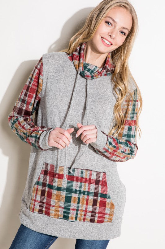 Women's Casual Plaid Mixed Turtle Neck Sweatshirt