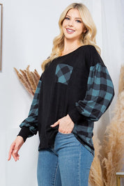 Women's Oversized Plaid Balloon Sleeve Sweater