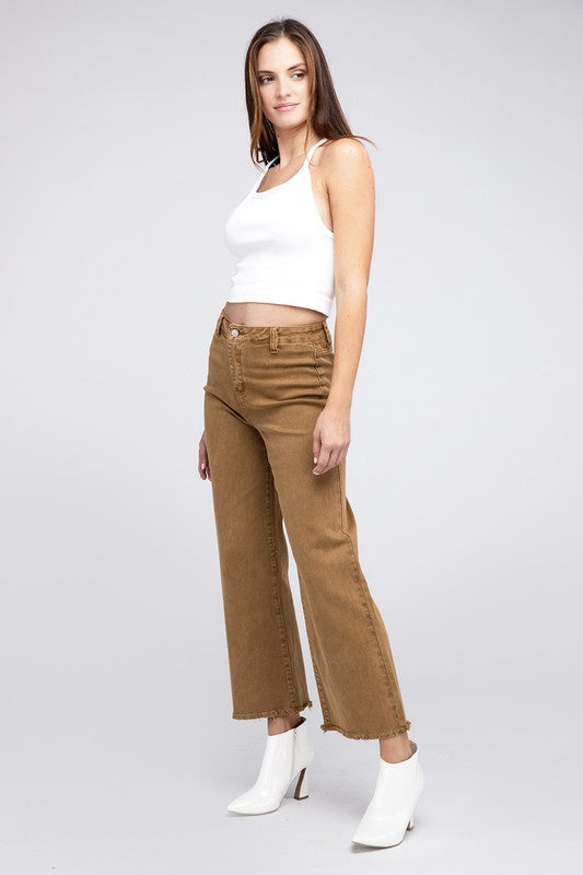 Women's Acid Wash Frayed Hem Wide Leg Pants