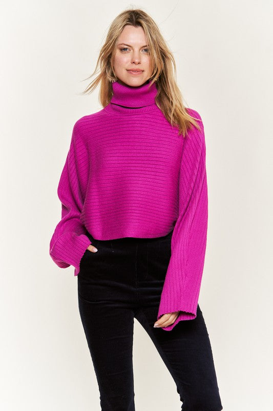 Women's Mock Neck Ribbed Sweater with Wide Sleeves