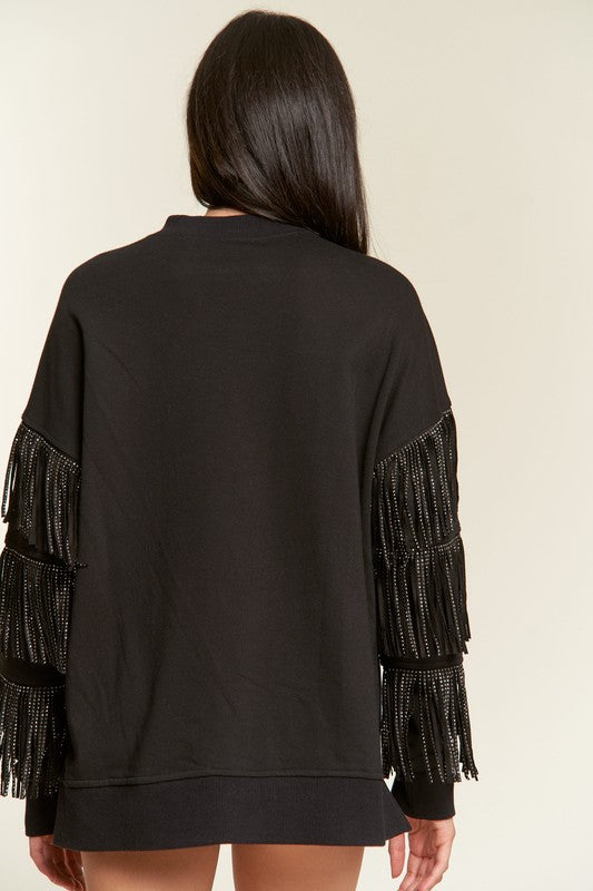 Women's Oversized Silver Studded Fringe Sleeve Top