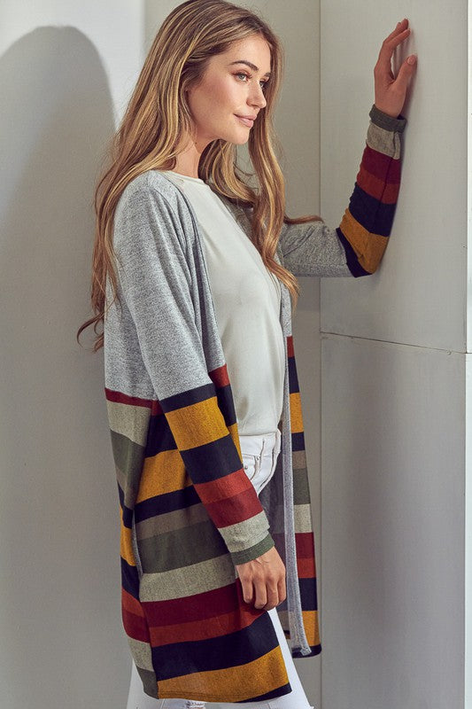 Women's Open Front Brushed Stripe Cardigan with Pockets