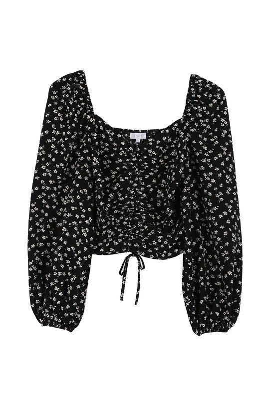 Women's Ruched Floral Print Puff Sleeve Crop Top