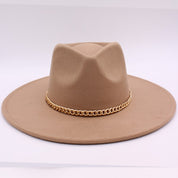 Women's Casual Suede Felt Fedora Hat with Gold Chain