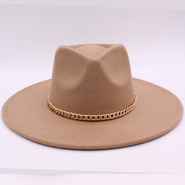 Women's Casual Suede Felt Fedora Hat with Gold Chain